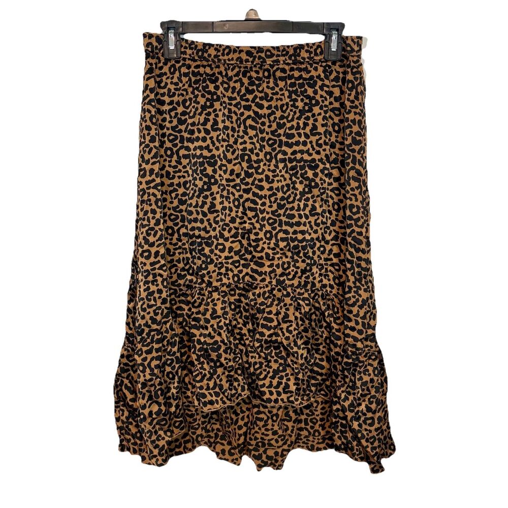 Ilse Jacobsen Skirt 38 Brown Leopard Print Ruffle Hem Midi Animal Print